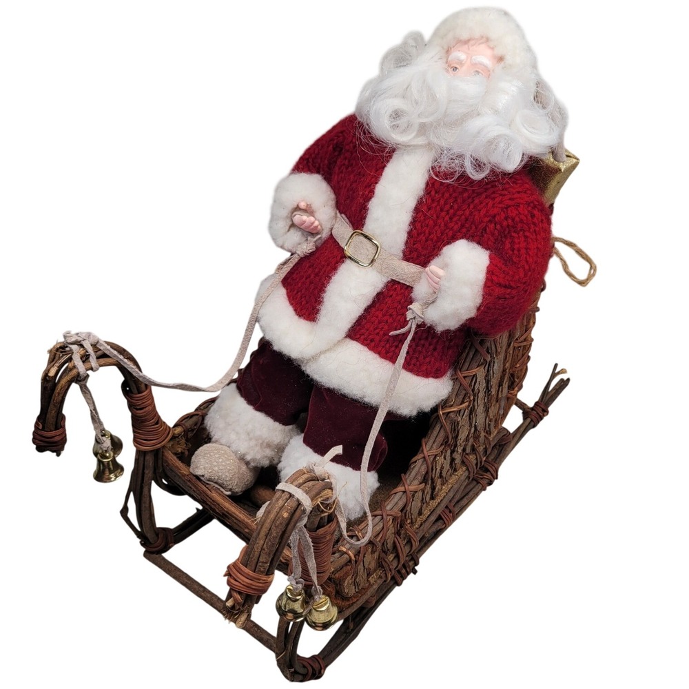 Santa Claus Figurine in Twig Sleigh Red‎ Knit Sweater Rustic Christmas